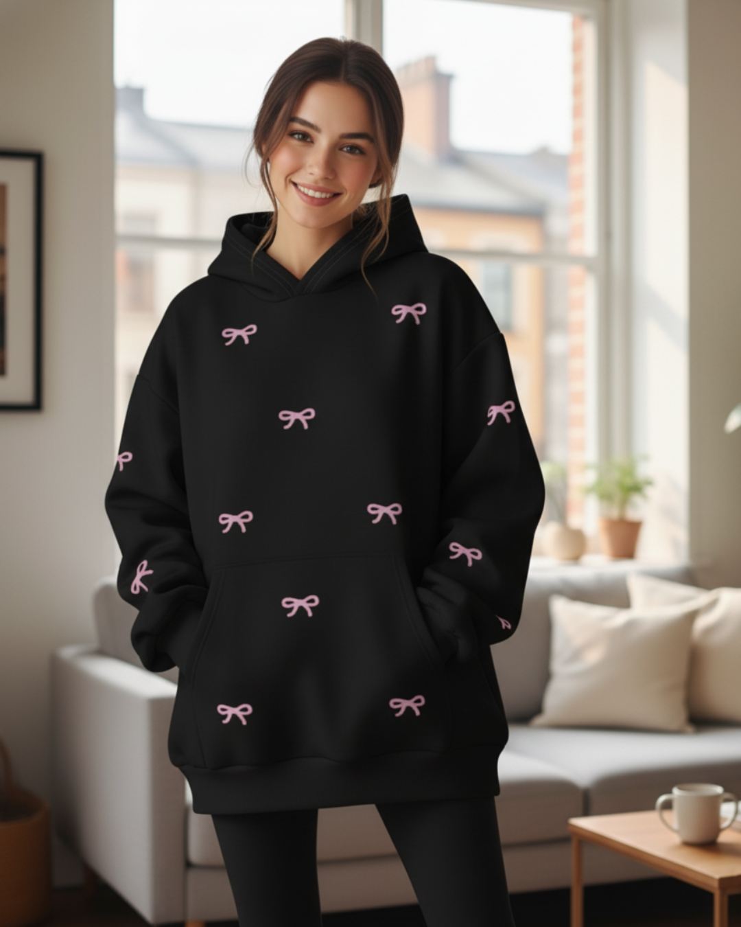 Black Bow Printed Oversized Hoodie - Image 2