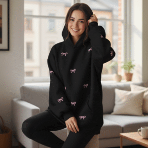 Black Bow Printed Oversized Hoodie