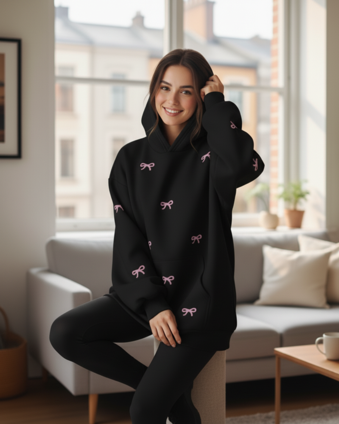 Black Bow Printed Oversized Hoodie