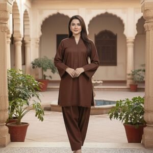 Coffee Brown Farshi Shalwar Kameez – Elegant 2-Piece Winter Suit